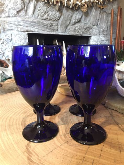 Four Colbalt Blue Water Goblets Etsy Blue Water Vintage Goblets Etsy