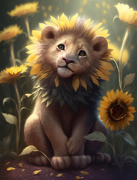 Premium Photo A Lion In A Sunflower Field