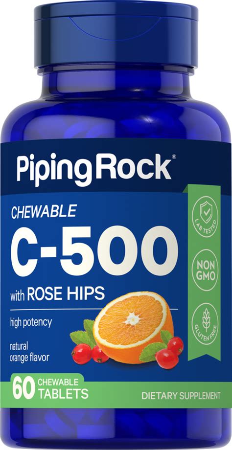 Chewable Vitamin C 500 Mg With Rose Hips Natural Orange 60 Chewable Tablets Pipingrock