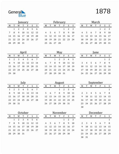 1878 Yearly Calendar Templates With Monday Start