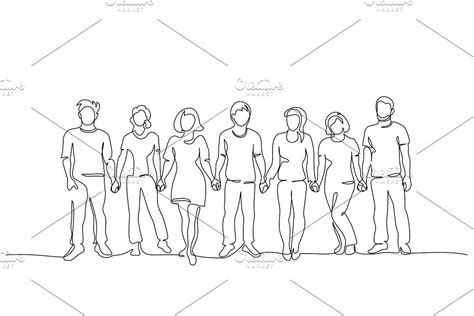 group-of-people-waiting-in-line-people-holding-hands,-drawing-people
