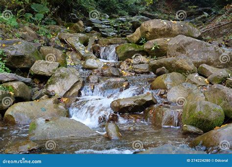 Beautiful Little Waterfall In Mountains Water Flows Between Stones
