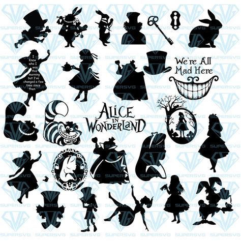 The Silhouettes Of Alice And The Wonderland Characters Are Shown In Black On A White Background