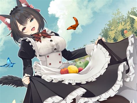 Download 1440x3040 Anime Maid Girl Animal Ears Smiling Maid Outfit