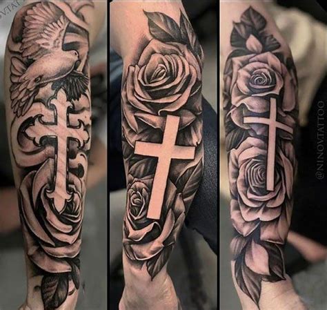 Three Different Tattoos With Roses And A Cross On The Arm Both In