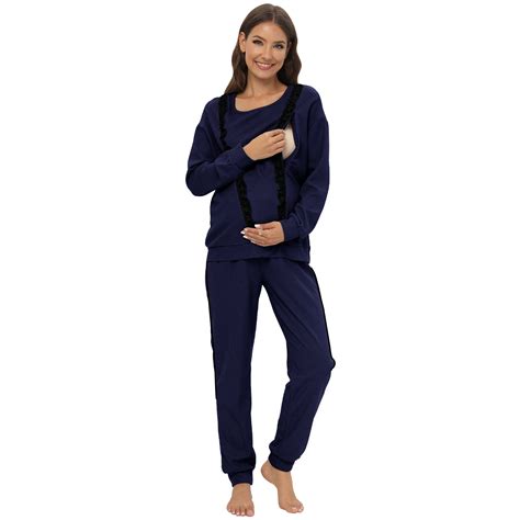 Wbq Maternity Nursing Pajamas Set Long Sleeve Lace Stitching Side Zipper Breastfeeding Sleepwear