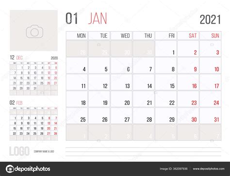 Calendario 2021 Planificador Plantilla Corporativa Diseño Mes Enero Semana Comienza Vector