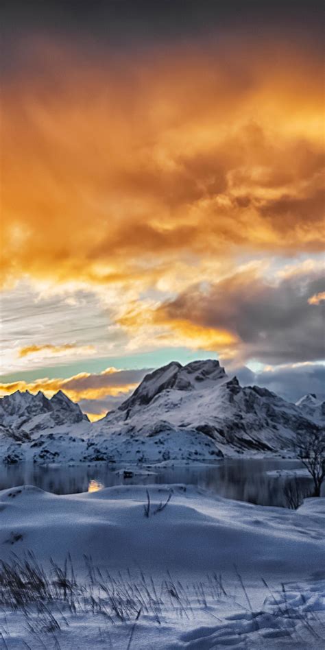 Download 1080x2160 Wallpaper Sunset Snow Mountains Landscape Nature