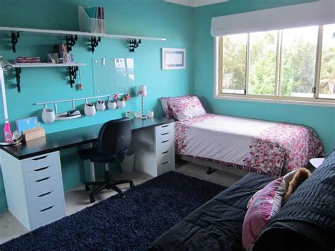 Teenager Bedroom Blue Color Interior Accent Pink With Study Desk And