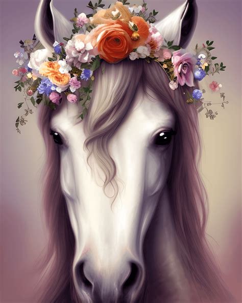 Cute And Adorable Horse With Floral Crown Nursery Art White · Creative
