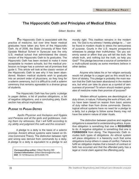 The Hippocratic Oath And Principles Of Medical Ethics Docslib