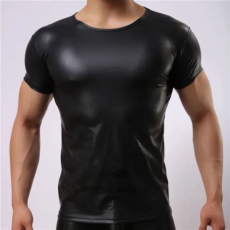 sexy clothes for man faux leather short sleeve t shirts tops sex men tight black sleepwear gay