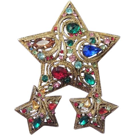 LA ROCO Vintage Star Brooch and Earrings Set Multicolor ...