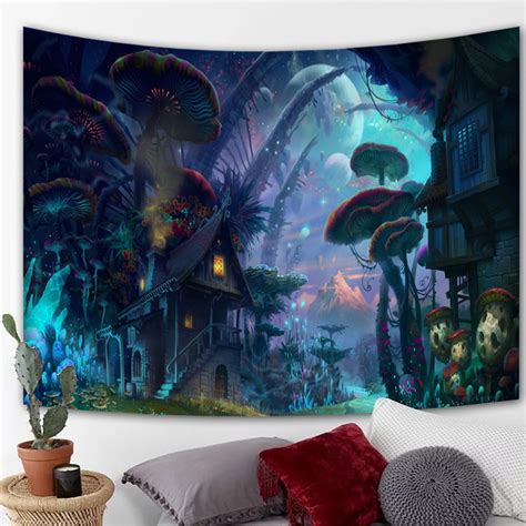 Psychedelic Mushroom Tapestry Colorful Castle Mushrooms Wall Etsy