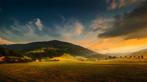Countryside Mountain Forest Houses Farmland Sunset Clouds