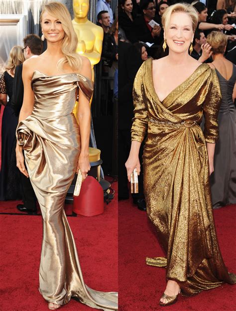 Oscars 2012 Celebrity Fashion Trend Stars Go For Gold Gowns And Dress Up As Oscars Statue