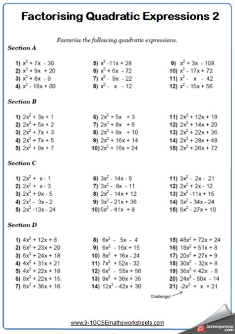 Factorising Quadratics Worksheet With Answers Tes Worksheets Joy
