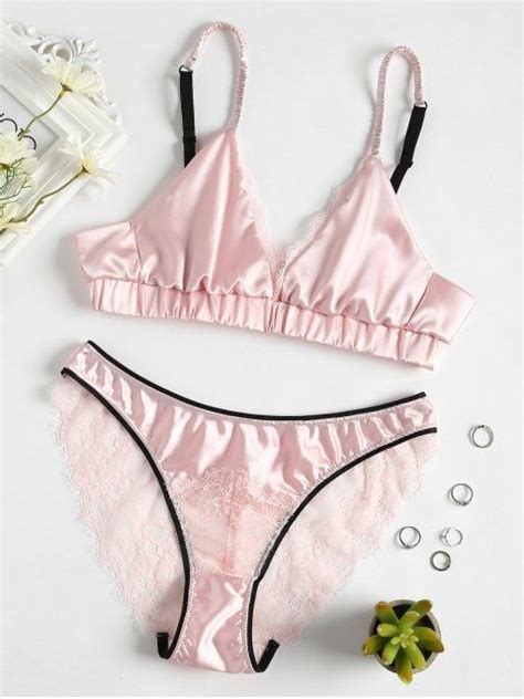 shop for lace panel satin bra and panty set light pink intimates l at zaful only 14 49 and