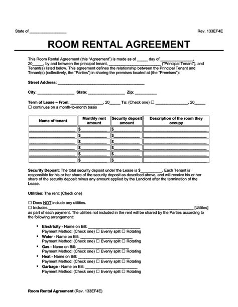 Room Rental Agreement Free Template