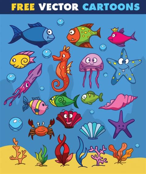 Animals Of Water In Cartoon Design Vector Free Download