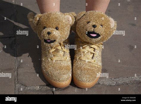 Golden Teddy Bear Shoes Worn By A Fashionista At London Fashion Week