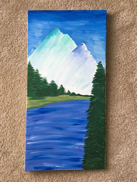 Landscape Mountain River And Trees Painting Acrylic On Canvas Diy