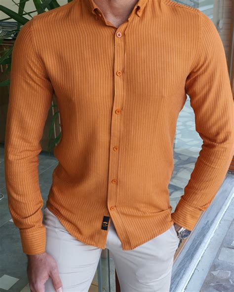 But Orange Slim Fit Long Sleeve Striped Cotton Shirt By