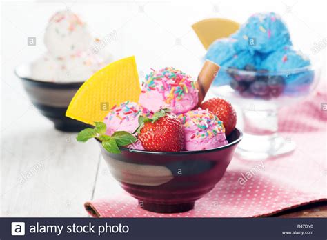 Pink Blue And White Ice Cream In Bowl Stock Photo Alamy
