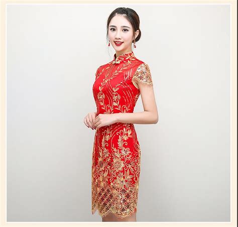 Discount High Quality Red Chinese Wedding Dress Female Short Sleeve