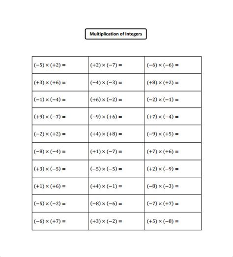 9 Multiplying Integers Horizontal Worksheet Templates to Download