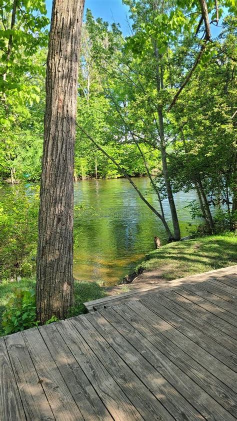 Wooden Deck By Huron River Island Park Ann Arbor Michigan Stock