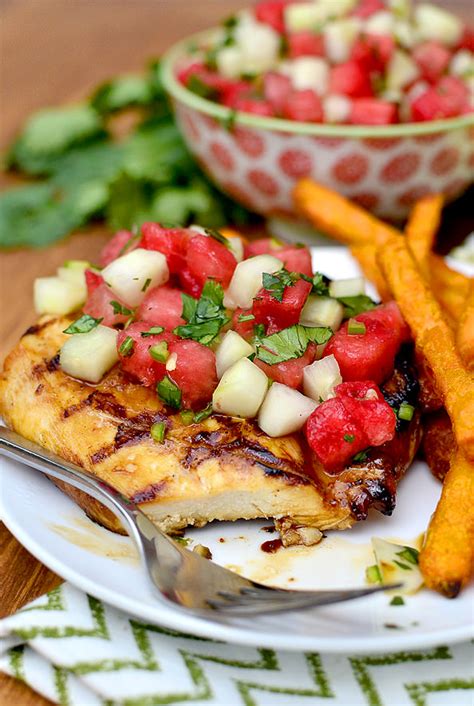 Try our easy to follow marinated chicken with corn salsa recipe. Marinated Grilled Chicken with Cucumber-Watermelon Salsa ...