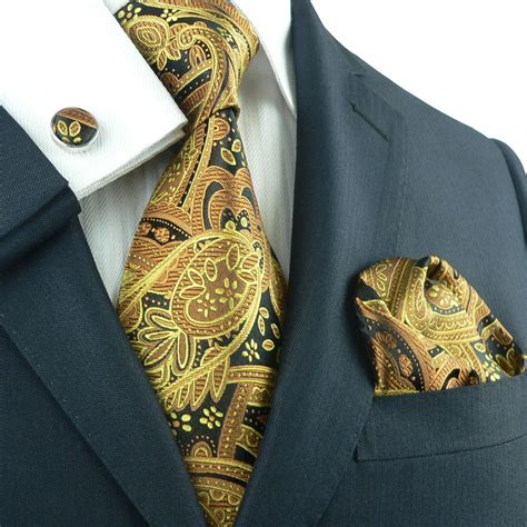 Landisun Fashion 651 Gold Black Paisley Mens 100 Silk Neck Tie Set