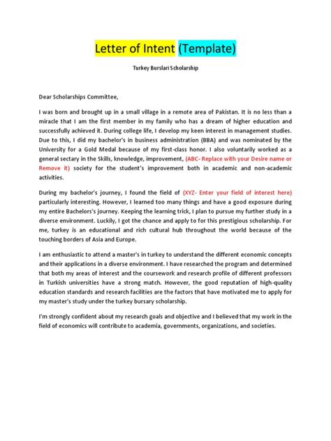 Letter Of Intent For Turkey Burslari Scholarship Pdf