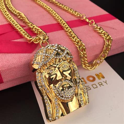 Mcsays Hip Hop Jewelry Golden Iced Out Bling Jesus Head Piece Rhinestone Cross Charm Pendant
