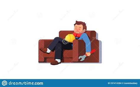 Ill Construction Worker Man Sleeping On Armchair Stock Vector