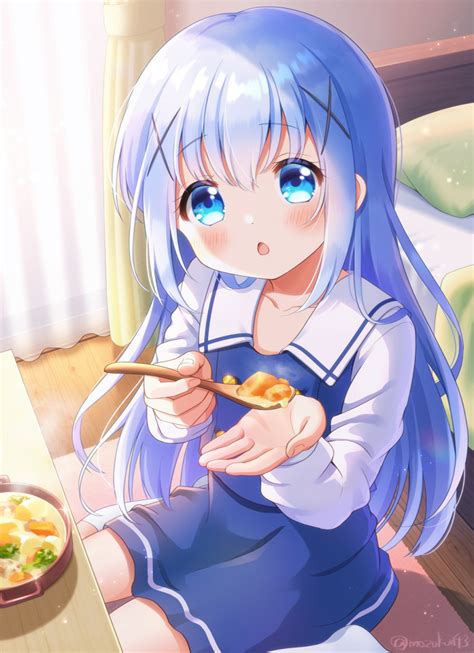 Safebooru 1girl O Bangs Bed Blue Eyes Blue Hair Blue Skirt Blush Curtains Feeding Food