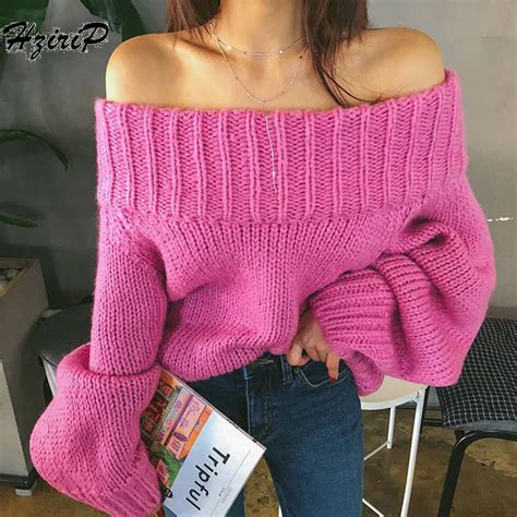 Hzirip Sexy Off Shoulder Women Loose Autumn Winter Sweaters And Pullovers Long Sleeve Causal