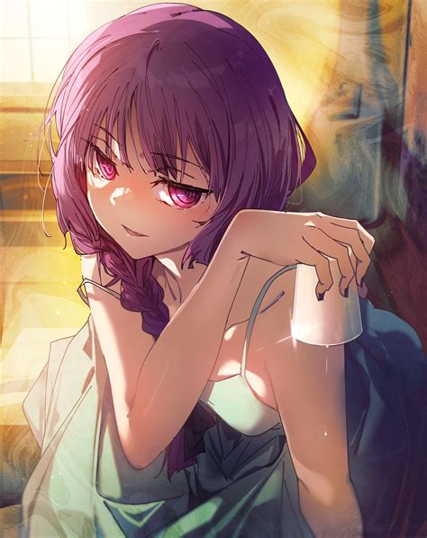 Purple Hair Looking At Viewer Braids Long Hair Anime Anime Girls Purple Eyes Cup