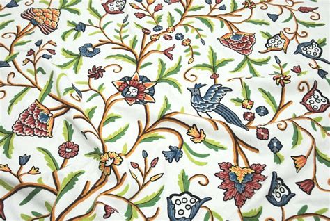 Cotton Crewel Embroidered Fabric Tree Of Life Birds Multicolor