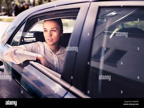 Serious Woman In Car Sad Upset Or Tired Taxi Passenger Cool Elegant