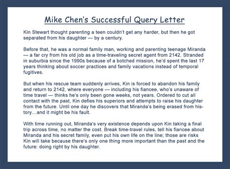 This resource covers the parts of the basic business letter and provides three sample business letters. Mike Chen's Successful Query Letter | Maddison Michaels ...