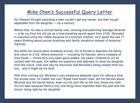 The following cover letter samples and examples will show you how to write a cover letter for many employment circumstances. Mike Chen's Successful Query Letter | Maddison Michaels ...