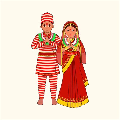 premium vector nepali bride and groom wearing traditional dress in namaste pose against cosmic