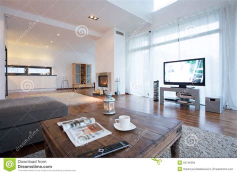 Spacious And Bright Living Room With Tv Stock Photo Image Of