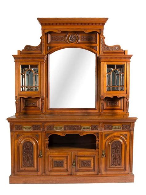 English Walnut Carved Sideboard With Mirror Back Cabinets And Cupboards