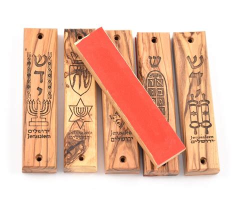 Olive Wood Mezuzah Cases With Judaic Symbols Set Of Six 51 Height