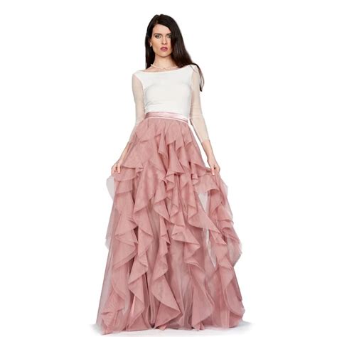 Layered Ruffles Skirt Ribbon Waistline A Line Floor Length Full Maxi Skirt Customized Soft
