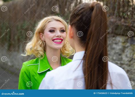 Romantic Couple Of Woman Dating Lesbian Couple Together Outdoor Concept Stock Image Image Of