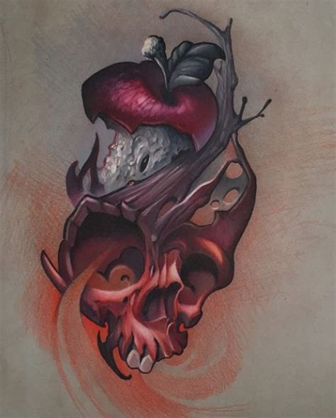Skull Log And Apple Core Flower Skull Ink Art Apple Tattoo